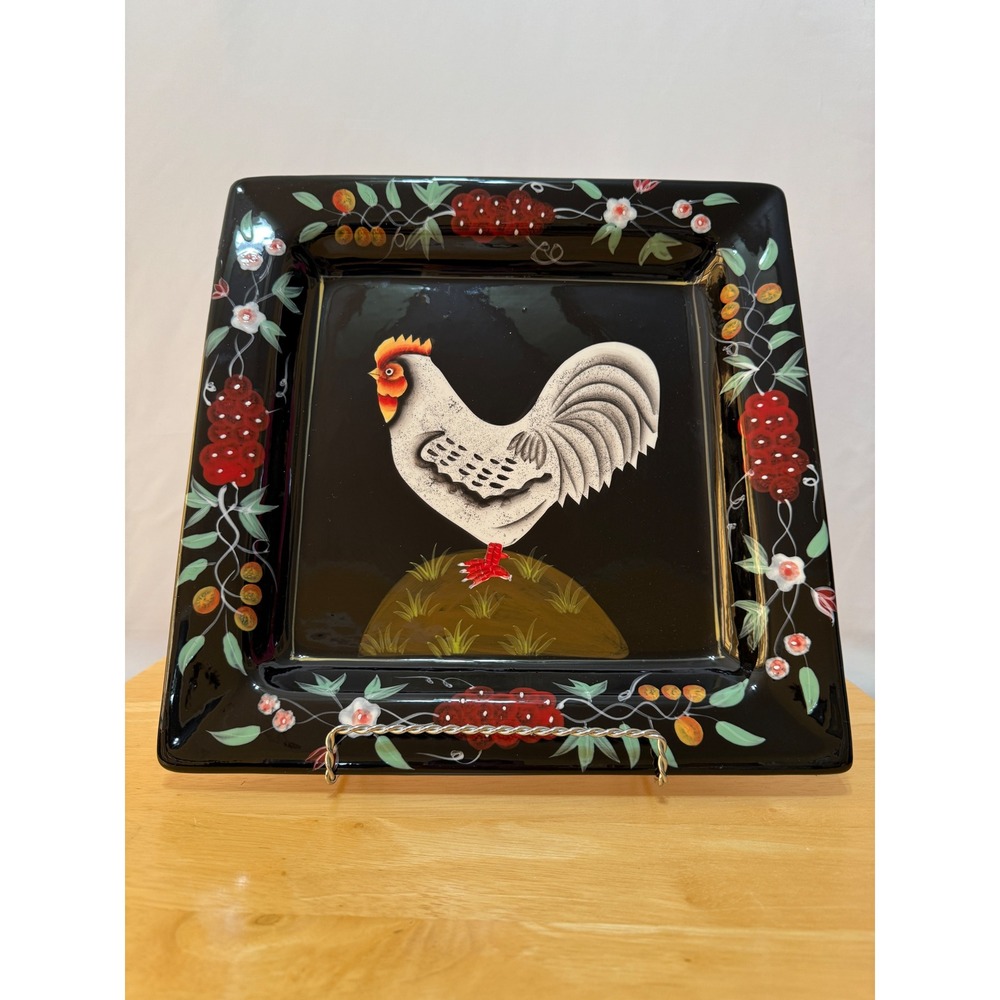 Handpainted Square Dinner Plate Rooster Folk Art Black Excellent